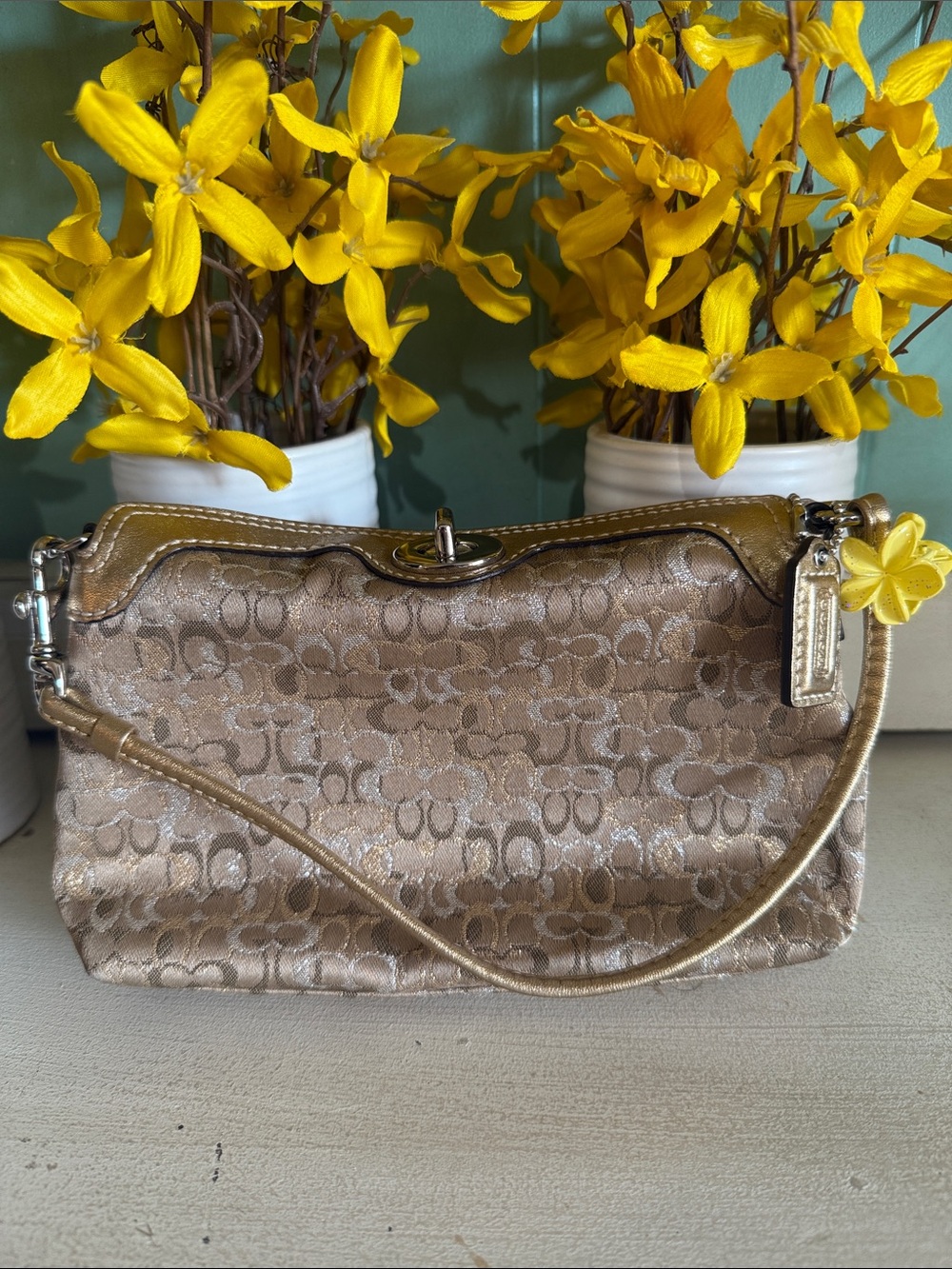 Coach y2k Gold Signature Jacquard Shoulder Bag with Floral Charm - Picture 3 of 14